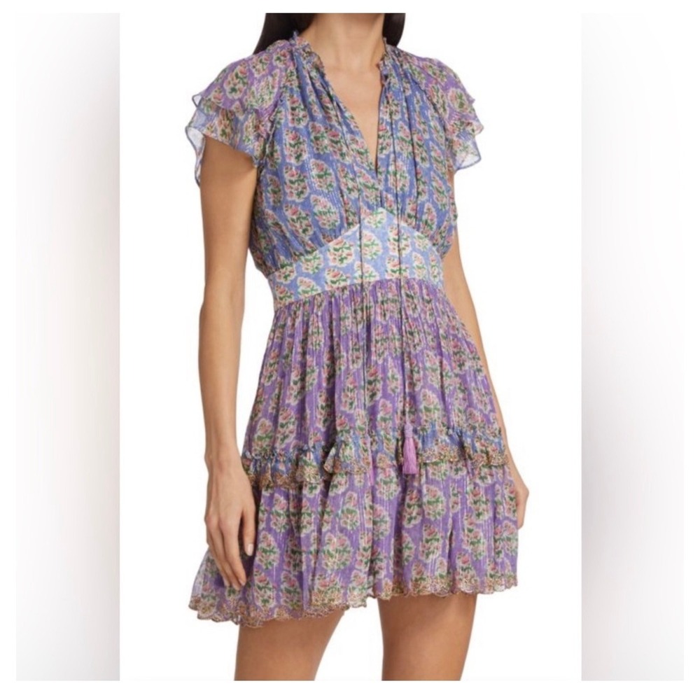 Hemant & Nandita Purple Floral Lurex Tiered Mini‎ Dress Womens Small Boho Tassel